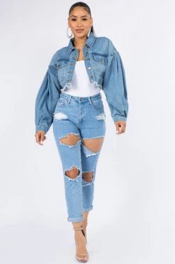 Lovemoda Balloon Sleeve Crop Denim Jacket JACKETS