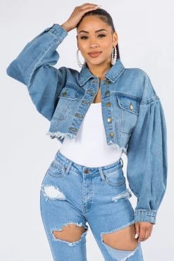 Lovemoda JACKETS Balloon Sleeve Crop Denim Jacket
