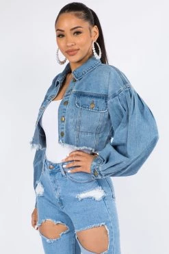 Lovemoda JACKETS Balloon Sleeve Crop Denim Jacket