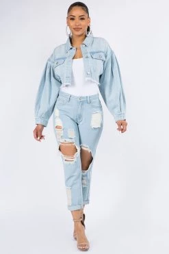 Lovemoda JACKETS Balloon Sleeve Crop Denim Jacket
