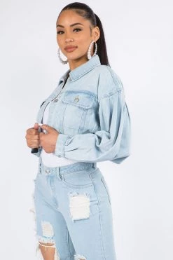 Lovemoda Balloon Sleeve Crop Denim Jacket JACKETS