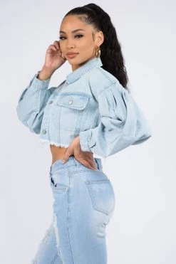 Lovemoda Balloon Sleeve Crop Denim Jacket JACKETS