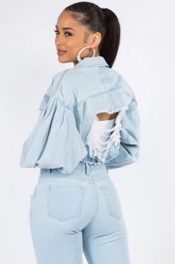 Lovemoda Balloon Sleeve Crop Denim Jacket JACKETS
