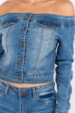 LOVE MODA Off Shoulder Cropped Denim Jacket
