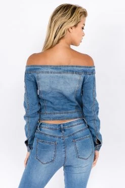 LOVE MODA Off Shoulder Cropped Denim Jacket