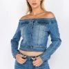 LOVE MODA Off Shoulder Cropped Denim Jacket