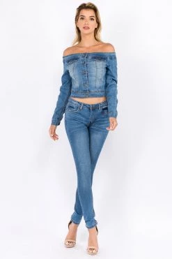 LOVE MODA Off Shoulder Cropped Denim Jacket