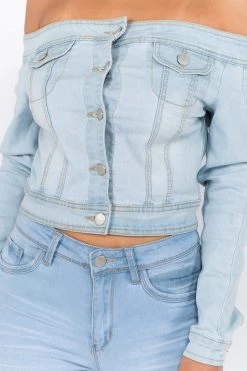 LOVE MODA Off Shoulder Cropped Denim Jacket