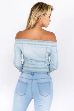 LOVE MODA Off Shoulder Cropped Denim Jacket