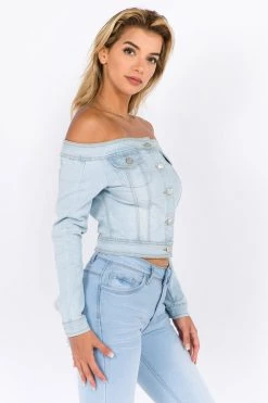 LOVE MODA Off Shoulder Cropped Denim Jacket