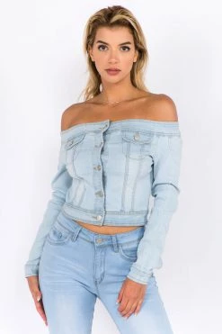 LOVE MODA Off Shoulder Cropped Denim Jacket