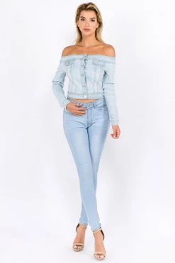 LOVE MODA Off Shoulder Cropped Denim Jacket