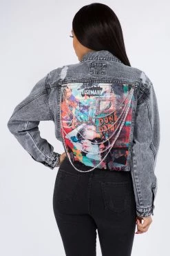 LOVE MODA Cropped Denim Jacket With Chains
