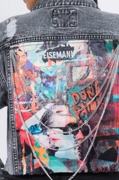 LOVE MODA Cropped Denim Jacket With Chains