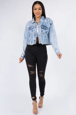 LOVE MODA Cropped Denim Jacket With Chains