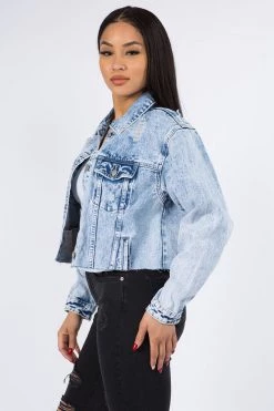 LOVE MODA Cropped Denim Jacket With Chains