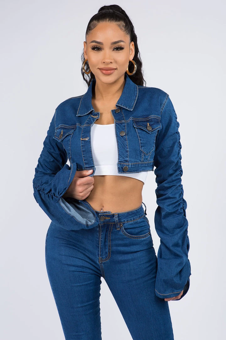 Lovemoda Shirring Sleeve Cropped Denim Jacket 3 Lovemoda Shirring Sleeve Cropped Denim Jacket