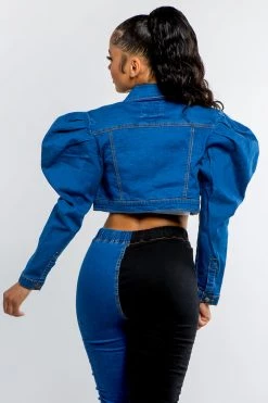 LOVE MODA Puff Shoulder Denim Cropped Jacket BEST SELLERS