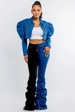 LOVE MODA Puff Shoulder Denim Cropped Jacket BEST SELLERS