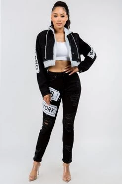 LOVE MODA JACKETS Patched Cropped Denim Hoodie Jacket