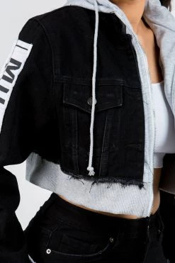 LOVE MODA JACKETS Patched Cropped Denim Hoodie Jacket