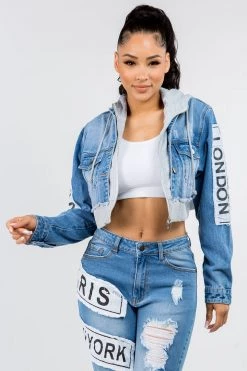 LOVE MODA MATCHING SETS Fashion Tour Patch Cropped Hoodie Jacket & Skinny Jeans Set