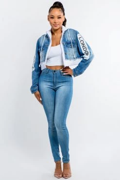 LOVE MODA JACKETS Patched Cropped Denim Hoodie Jacket