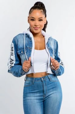 LOVE MODA JACKETS Patched Cropped Denim Hoodie Jacket