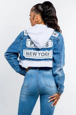 LOVE MODA JACKETS Patched Cropped Denim Hoodie Jacket