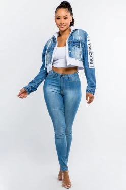 LOVE MODA JACKETS Patched Cropped Denim Hoodie Jacket