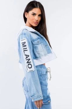 LOVE MODA JACKETS Patched Cropped Denim Hoodie Jacket