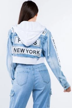 LOVE MODA JACKETS Patched Cropped Denim Hoodie Jacket