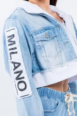 LOVE MODA JACKETS Patched Cropped Denim Hoodie Jacket