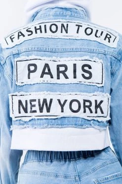 LOVE MODA JACKETS Patched Cropped Denim Hoodie Jacket