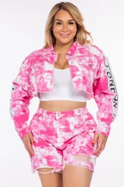LOVE MODA High Waist Tie Dye Mini Shorts & Jacket Set - Plus Size