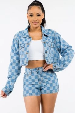 LOVE MODA Checker Print Cropped Jacket & Short Set