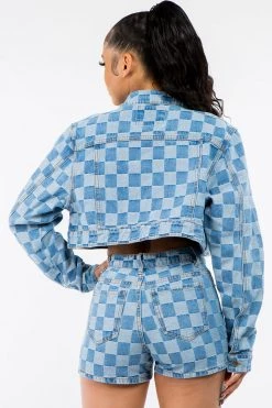 LOVE MODA Checker Print Cropped Jacket & Short Set