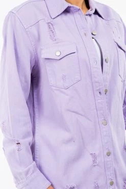 LOVE MODA Distressed Denim Shirt Jacket W/ Natural Cut Hem 16 LOVE MODA Distressed Denim Shirt Jacket W/ Natural Cut Hem