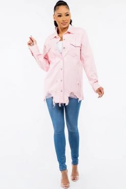 LOVE MODA Distressed Denim Shirt Jacket W/ Natural Cut Hem 18 LOVE MODA Distressed Denim Shirt Jacket W/ Natural Cut Hem