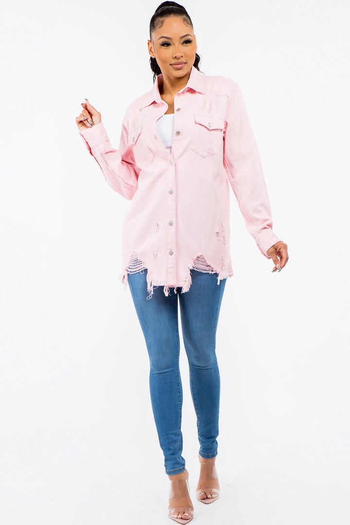 LOVE MODA Distressed Denim Shirt Jacket W/ Natural Cut Hem 9 LOVE MODA Distressed Denim Shirt Jacket W/ Natural Cut Hem