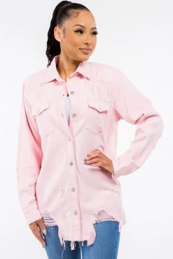 LOVE MODA Distressed Denim Shirt Jacket W/ Natural Cut Hem 17 LOVE MODA Distressed Denim Shirt Jacket W/ Natural Cut Hem