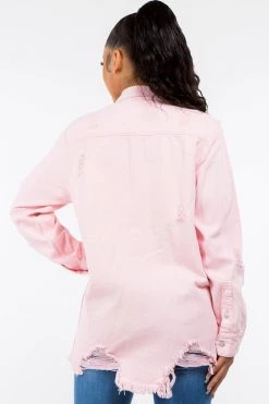 LOVE MODA Distressed Denim Shirt Jacket W/ Natural Cut Hem 20 LOVE MODA Distressed Denim Shirt Jacket W/ Natural Cut Hem