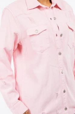 LOVE MODA Distressed Denim Shirt Jacket W/ Natural Cut Hem 21 LOVE MODA Distressed Denim Shirt Jacket W/ Natural Cut Hem