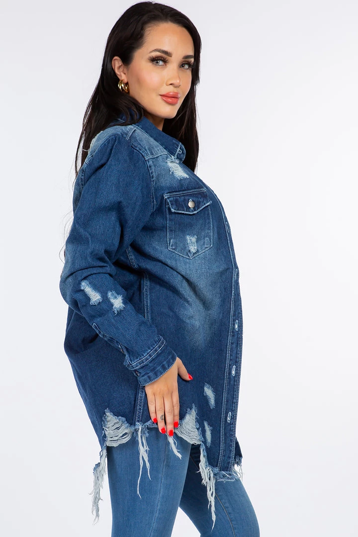 LOVE MODA NEW ARRIVALS Distressed Denim Shirt Jacket W/ Distressed Hem 14 LOVE MODA NEW ARRIVALS Distressed Denim Shirt Jacket W/ Distressed Hem