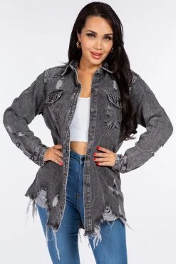 LOVE MODA NEW ARRIVALS Distressed Denim Shirt Jacket W/ Distressed Hem