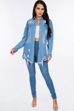 LOVE MODA NEW ARRIVALS Distressed Denim Shirt Jacket W/ Distressed Hem 42 LOVE MODA NEW ARRIVALS Distressed Denim Shirt Jacket W/ Distressed Hem