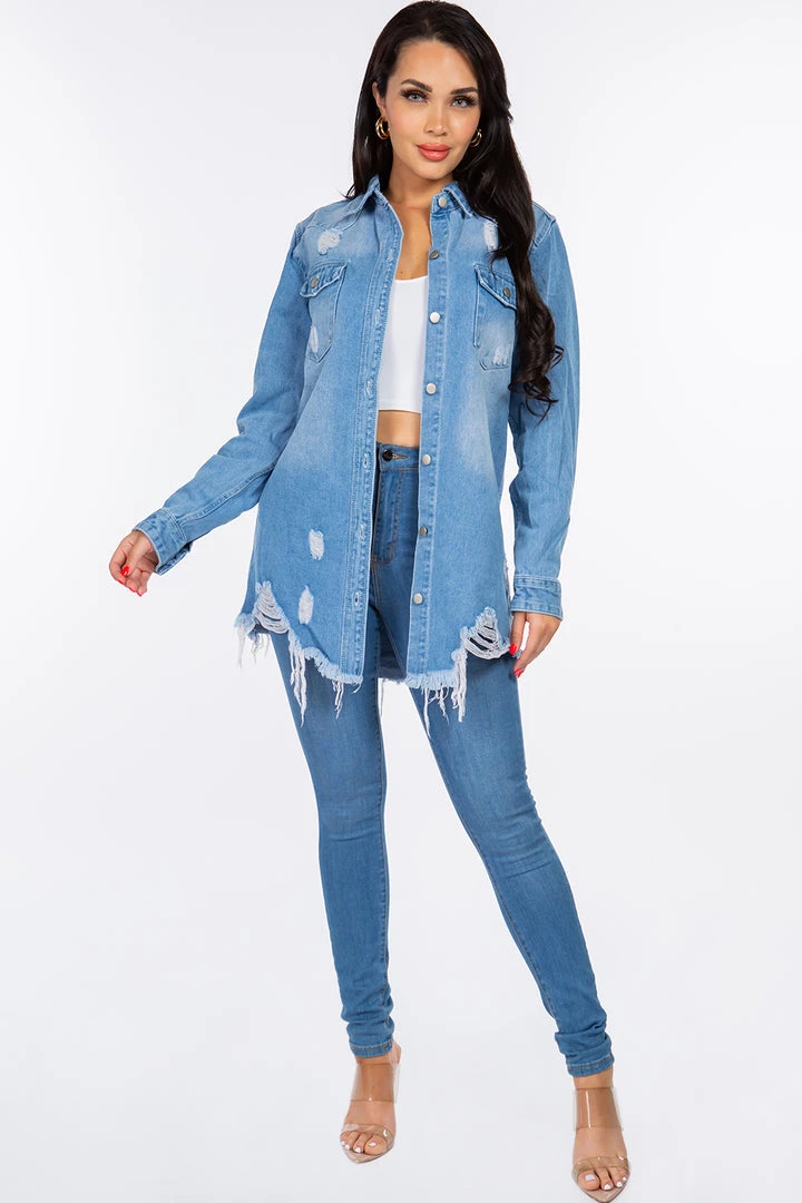 LOVE MODA NEW ARRIVALS Distressed Denim Shirt Jacket W/ Distressed Hem 18 LOVE MODA NEW ARRIVALS Distressed Denim Shirt Jacket W/ Distressed Hem