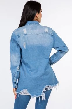 LOVE MODA NEW ARRIVALS Distressed Denim Shirt Jacket W/ Distressed Hem 44 LOVE MODA NEW ARRIVALS Distressed Denim Shirt Jacket W/ Distressed Hem