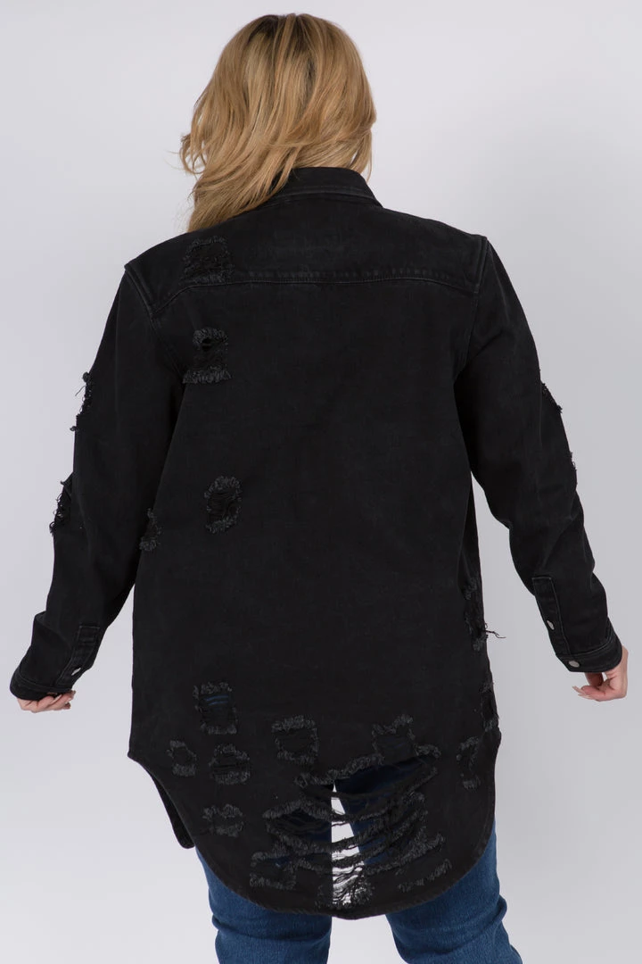 LOVE MODA CURVY Distressed Long Denim Shirt Jacket - Plus Size 11 LOVE MODA CURVY Distressed Long Denim Shirt Jacket - Plus Size