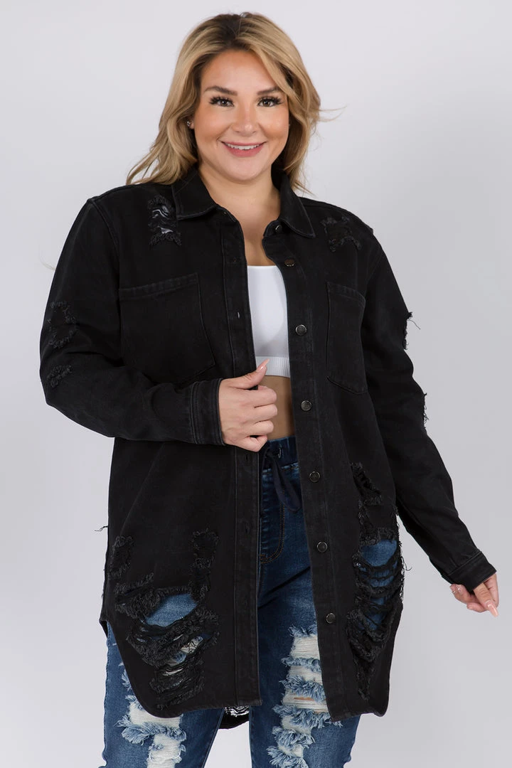 LOVE MODA CURVY Distressed Long Denim Shirt Jacket - Plus Size 8 LOVE MODA CURVY Distressed Long Denim Shirt Jacket - Plus Size